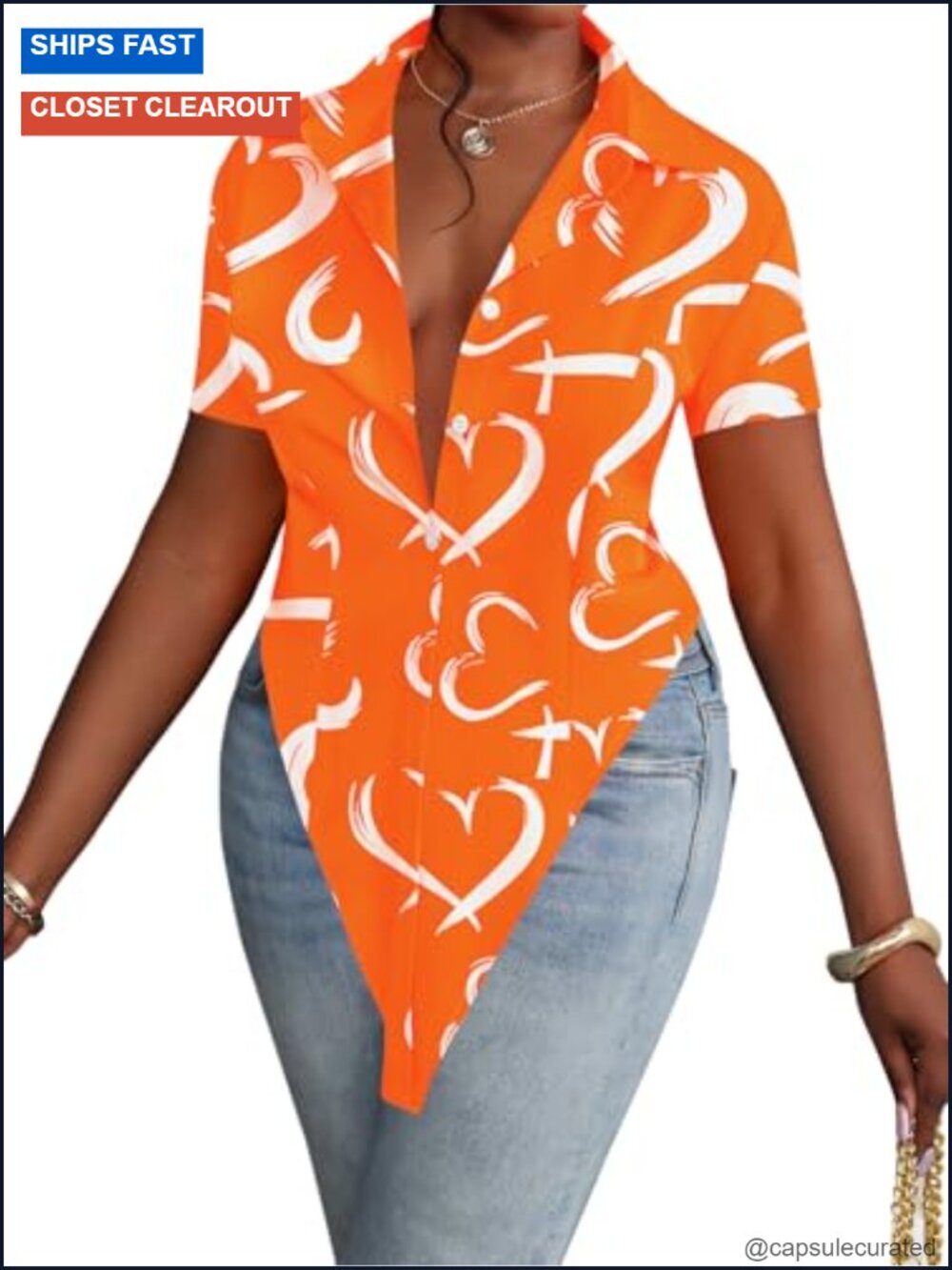 Button Down V Neck Split Hem Short Sleeve Blouse